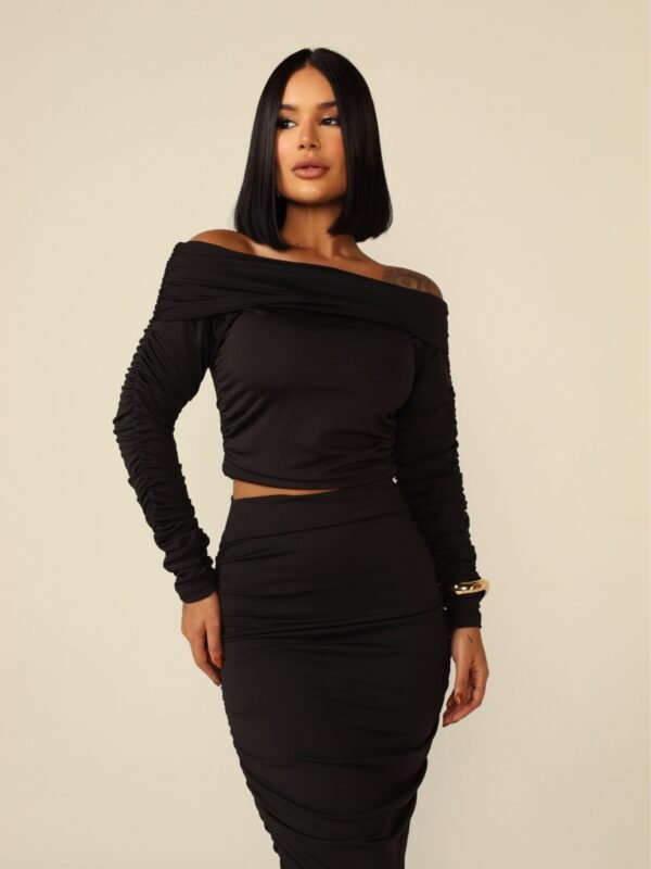 Conjunto Saia Midi e Cropped Franzido Ana Luiza